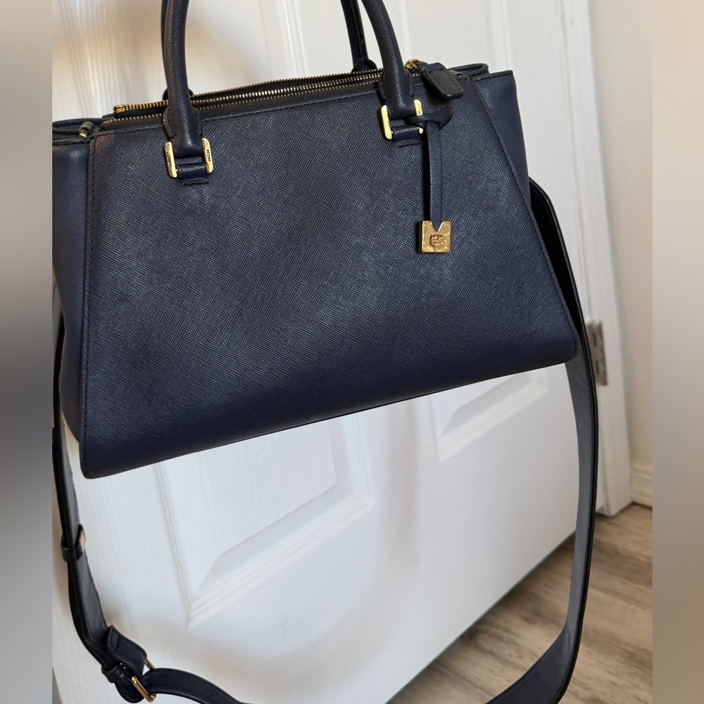MCM Navy Blue Leather Satchel w/ Strap & Gold Hardware - Picture 4 of 12